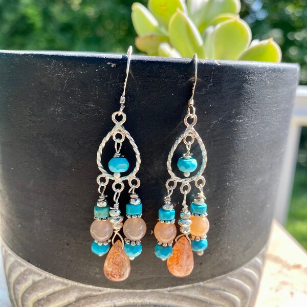 Sunstone and turquoise chandelier earrings, turquoise dangle earrings, sterling silver earrings
