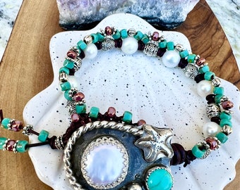 Pearl button bracelet , Sundance style, turquoise button bracelet, turquoise leather bracelet , pearl bracelet, starfish bracelet