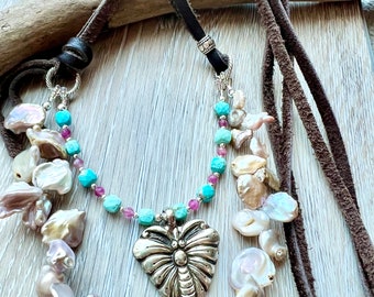 Pearl necklace, leather and Keshi pearl necklace, turquoise butterfly necklace, Sundance style