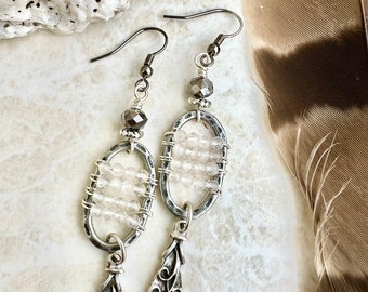 Boucles d'oreilles en quartz, boucles d'oreilles enveloppées de fil métallique, boucles d'oreilles pendantes, boucles d'oreilles pendantes, boucles d'oreilles bohèmes