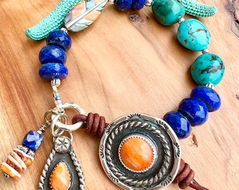 Lapis bracelet, Mexican turquoise button bracelet, artisan button bracelet, spiny oyster bracelet