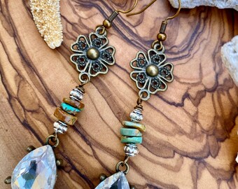 Boho dangle earrings, turquoise drop earrings, antique brass flower earrings, long dangle earrings