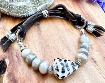 Peach moonstone and shell bracelet, leather bracelet, mystic moonstone bracelet, June birthstone,  beach jewelry