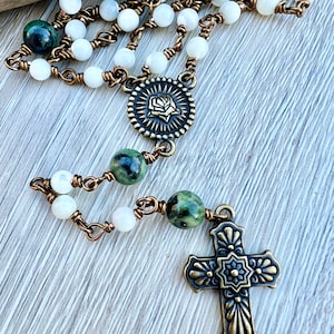 Handmade Catholic Rosary Necklace: Mother of Pearl & Moss Agate Beads