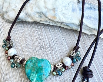 Leather and pearl necklace, turquoise heart necklace, knotted leather necklace, June birthstone