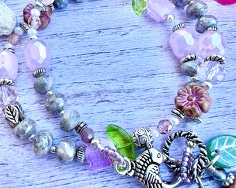 Czech bead bracelet, spring garden bracelet, flower bead bracelet, wrap bracelet,pink flower bracelet, silverite bracelet