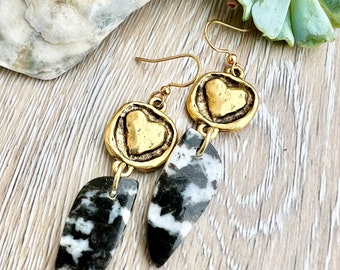 Zebra jasper drop earrings, black and white jasper earrings, heart earrings, dangle earrings, gifts for her