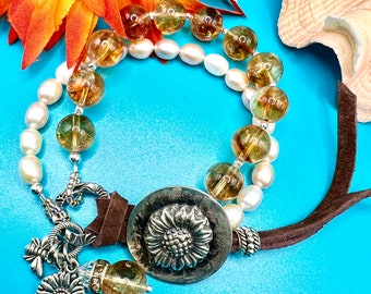 Citrine and pearl bracelet, sunflower bracelet, boho bracelet, leather jewelry, charm bracelet, button bracelet