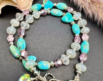 Kingman turquoise bracelet, heart charm bracelet, moon charm bracelet, pink crystal bracelet , wrap bracelet