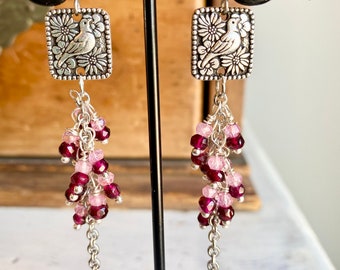 Dangle earrings, cluster earrings, bird motif earrings, garnet dangle earrings, pink crystal earrings, January birthstone