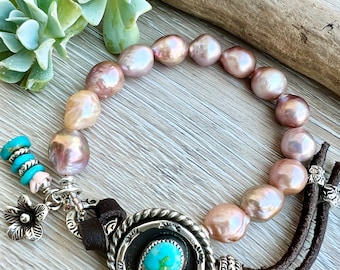 Sonoran turquoise button bracelet, pink edition pearl bracelet, leather toggle bracelet, charm bracelet