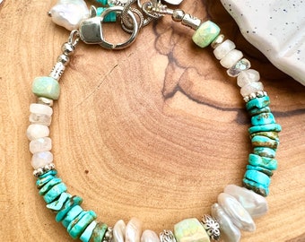turquoise bracelet, rainbow moonstone bracelet, pearl bracelet, multi gemstone bracelet , butterfly charm bracelet