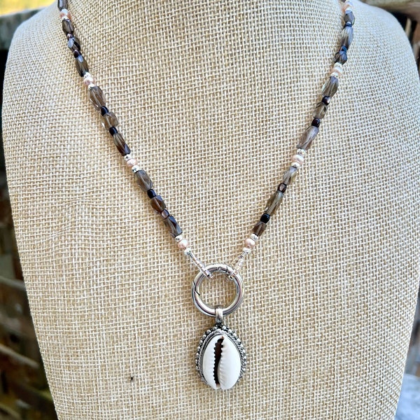 Smoky quartz necklace, cowrie shell necklace, pearl jewelry, charm necklace, gifts for her