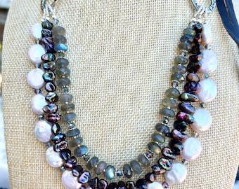 Multi strand necklace, pearl and labradorite necklace, Sundance style necklace, leather necklace