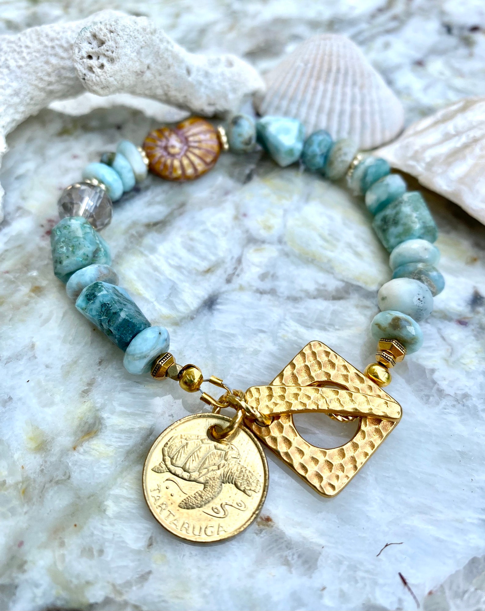 Turtle Charm Bracelet Coin Charm Bracelet Larimar Bracelet Etsy