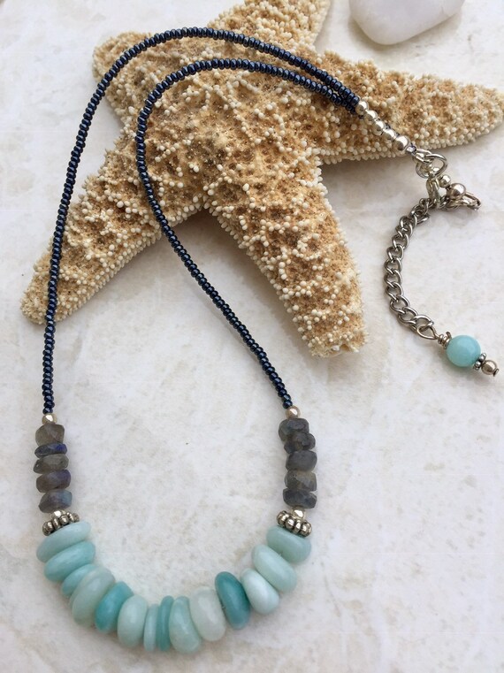 Aventurine Stone and Large Baroque Peal Necklace with Sterling Silver Square Beads Amazonite Labradorite Gift Pearl Necklace Iodite