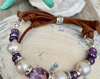 Pearl bracelet, leather bracelet, purple moonstone bracelet, boho bracelet, czech glass bracelet