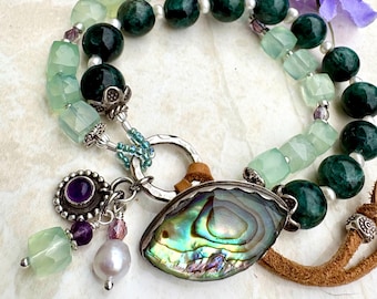Abalone button bracelet with rare seraphinite beads and green chalcedony cube beads