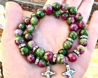 Ruby zoisite bracelet, cross charm bracelet , ruby bracelet , stretch bracelet