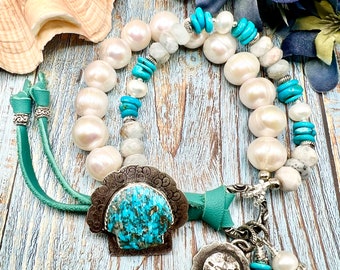 Morenci turquoise button bracelet, pearl bracelet, leather toggle bracelet, beach shell bracelet, turquoise bracelet