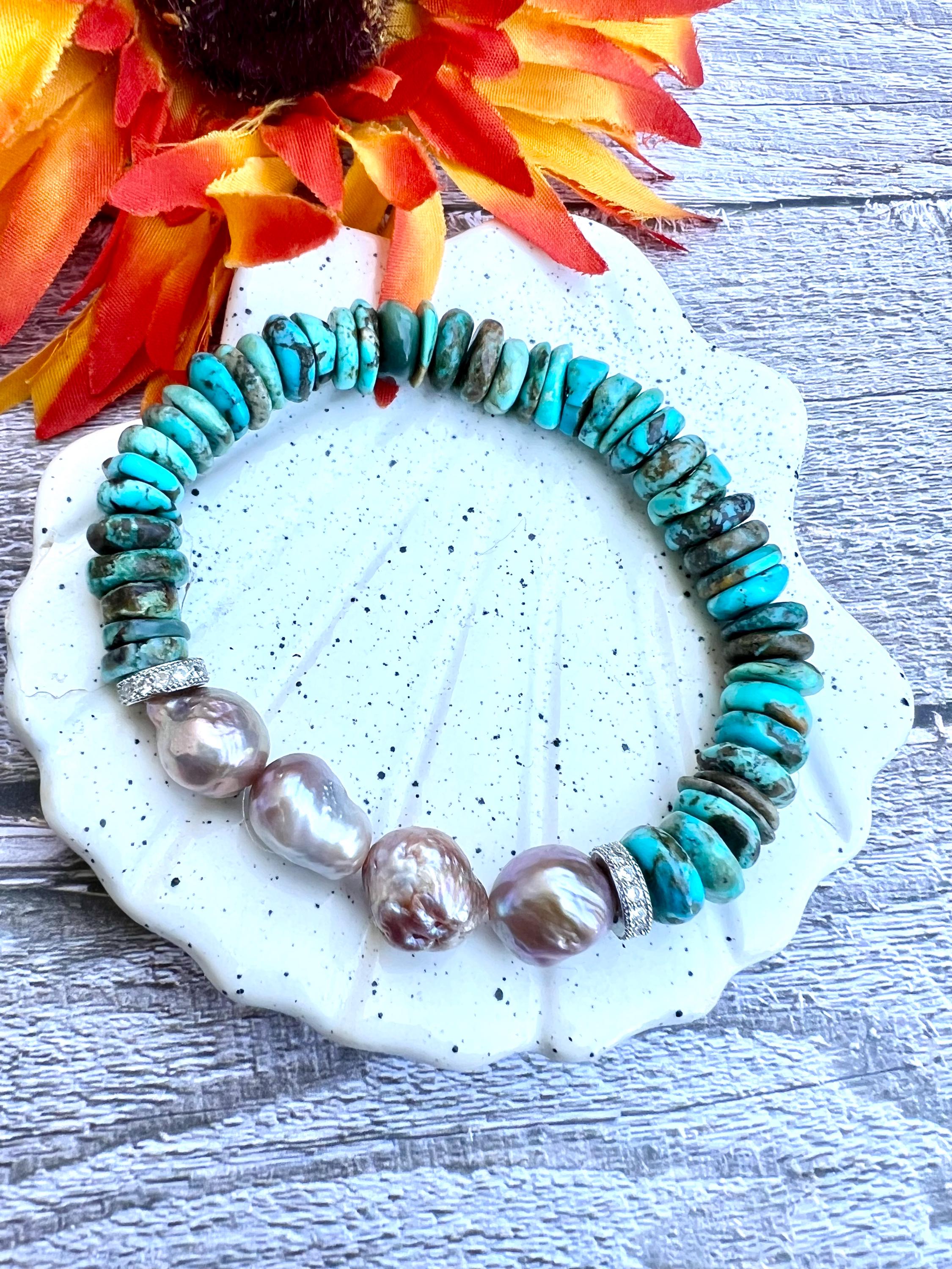 Genuine turquoise and baroque pearl bracelet , American mined turquoise , stretch turquoise and pearl, minimalist style