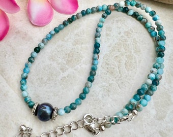 Apatite and peacock pearl necklace , gemstone choker , pearl necklace