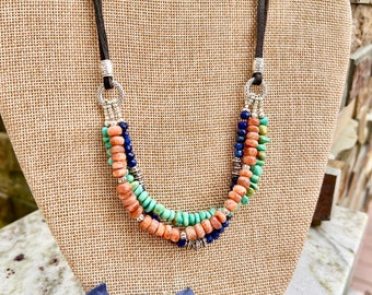 Multi gemstone beaded necklace ,turquoise sunstone lapis leather necklace, southwest style , boho necklace, boho jewelry