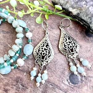 aquamarine earrings, chandelier earrings, March birthstone, dangle earrings, drop earrings, pearl earrings