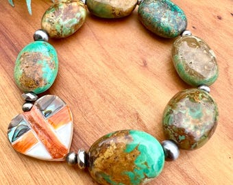 Spiny oyster abalone heart with chunky genuine turquoise bracelet
