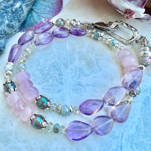 Wrap bracelet, amethyst and rose quartz bracelet, boho jewelry, February birthstone, February birthday