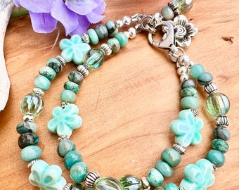 Chrysocolla  bracelet, double strand bracelet, flower bracelet, ceramic flower bead bracelet