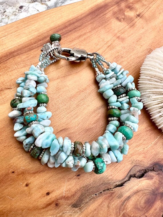 Larimar & Turquoise Triple Strand Bracelet With Fish Charm  display picture 1