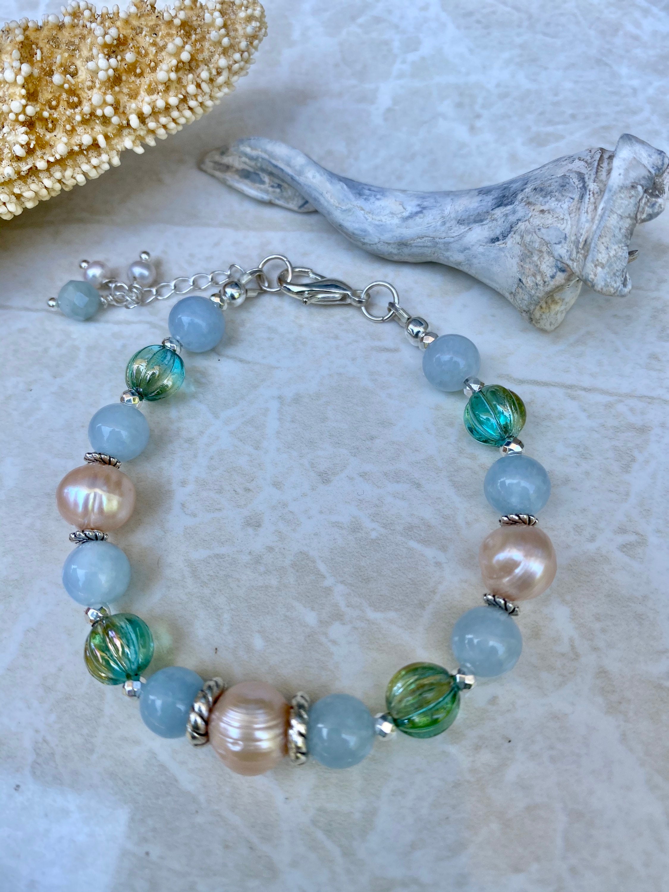 Aquamarine and pearl bracelet March birthday June birthday | Etsy