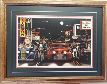Framed in Black Harley motorcycle car art print by David Mann titled Sunset Blvd