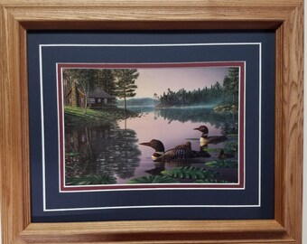 Framed matted 14 x 17 Oak art print Loon by Kim Norlien titled Northern Tranquility