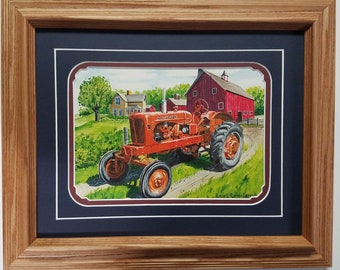 Framed on solid oak 14 x 17 Allis Chalmers tractor art print by Russell Sonnenberg titled Lone Allis