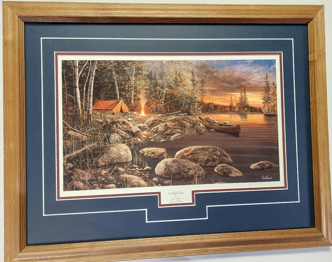 Framed in Oak & Matted 21 X 27 Camping Art Print Cabin by Jim Hansel