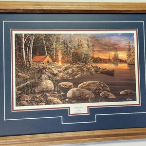 Framed in Oak & Matted 21 x 27 Camping art print cabin by Jim Hansel titled Twilight Fire