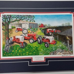 May include: A painting of a rural scene with five red and white Ford tractors in a field. The tractors are surrounded by green grass and yellow flowers. There is a red barn in the background. The painting is signed by the artist, "Ronald J. Saunders".