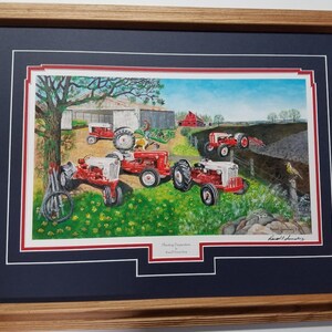 May include: A painting of a red Ford tractor in a field. The tractor is surrounded by other tractors and farm equipment. The painting is titled "Planting Preparation" and is signed by the artist, Russell Sundberg.