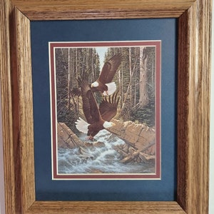 Framed in Oak 10 x 12 wildlife art print Eagles in Flight Fishing