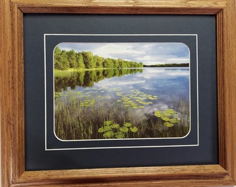 Framed & Matted in Solid Oak 14 x 17 Lily Pads on Pond art Photo by Unknown Artist