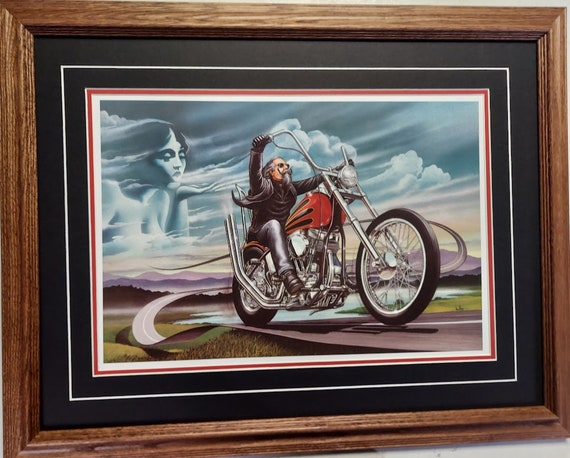 Framed matted 21 x 27 motorcycle art print Harley Davidson by David Mann  titled Wind At My Back