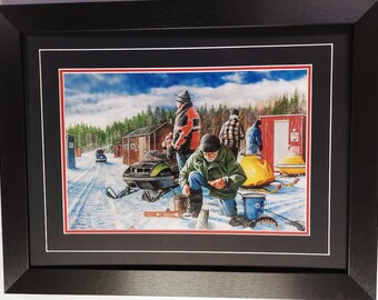 Framed 21 x 27 in Black Ice Fishing Snowmobile art Print by Kevin Daniels titled The Good Old Days
