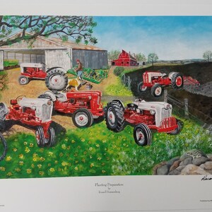 May include: A painting of a rural scene with five red and white Ford tractors, a barn, and a red farmhouse in the background. The tractors are parked in a field with green grass and yellow flowers. The painting is titled "Planting Preparations" by Russell Sommerburg.