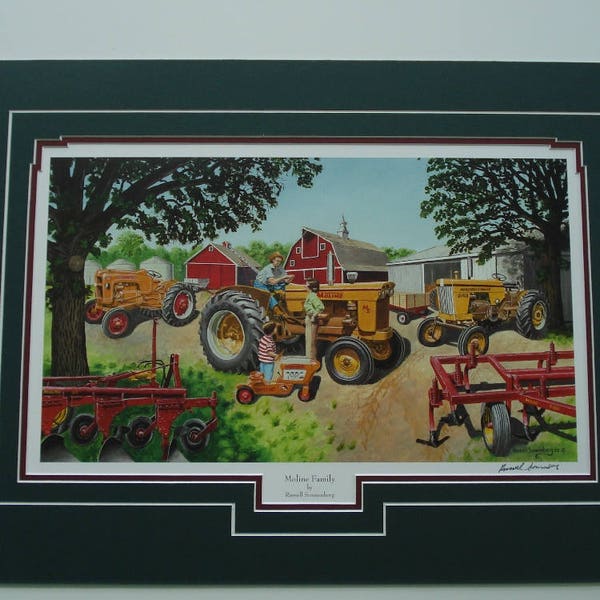 Tractor Art double matted 18 x 24  Minneapolis Moline 335 M5 & Jet Star 3 by Russell Sonnenberg titled Moline Family