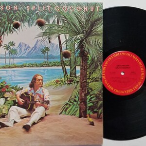 May include: Album cover for "Split Coconut" by Dave Mason. The cover art features a man playing a guitar in a tropical setting with palm trees, coconuts, and mountains. The vinyl record is visible on the right.