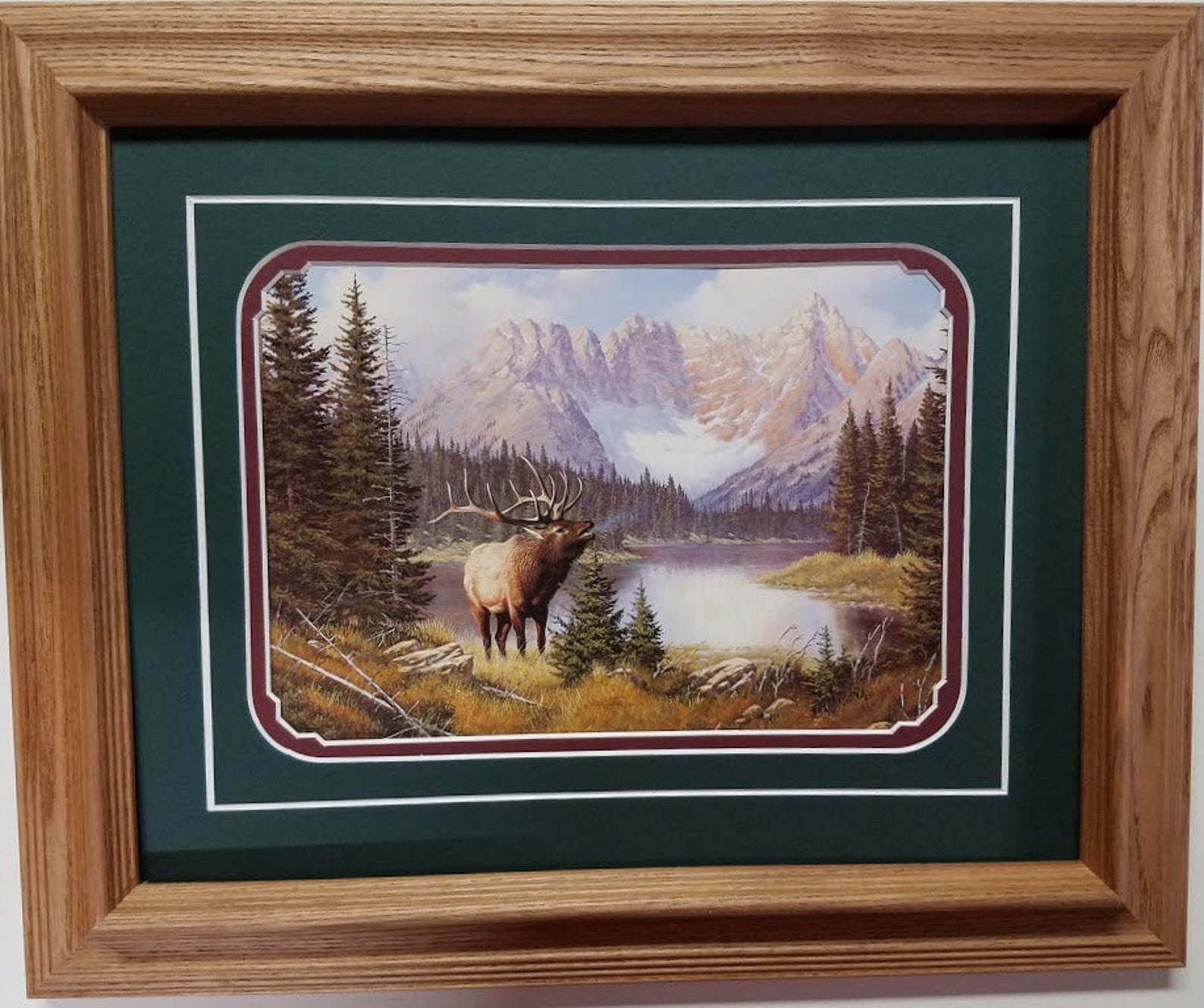 Framed Matted 14 X 17 Oak Art Print Elk by Derk Hansen Titled Call of
