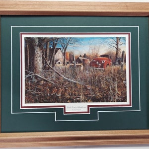 Framed in Solid Oak 17 x 21 Wildlife Quail art Print by Jim Hansel titled Backforty Bobwhites