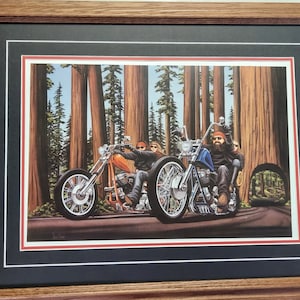 Framed 21 x 27 in Oak Harley Davidson motorcycle art print by David Mann titled Redwood Run